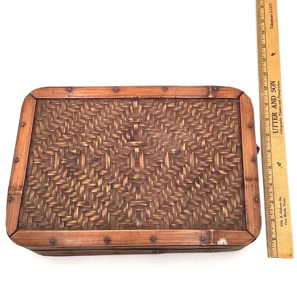 Vintage Woven Bamboo Wood Storage Box Brown‎ Wicker Suitcase Boho Coastal